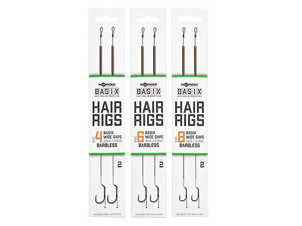 Korda Basix Ready Tied Hair Rigs Wide Gape Barbless 8